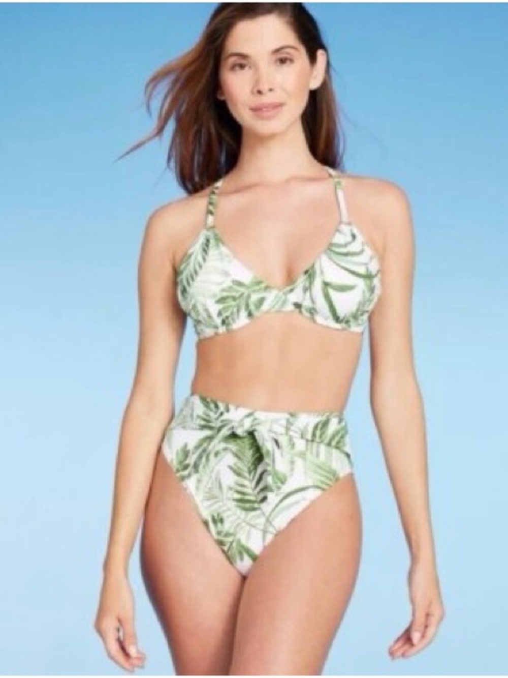 Shade & Shore White Bikini Top with Green Tropical Leaf Print size 34 B